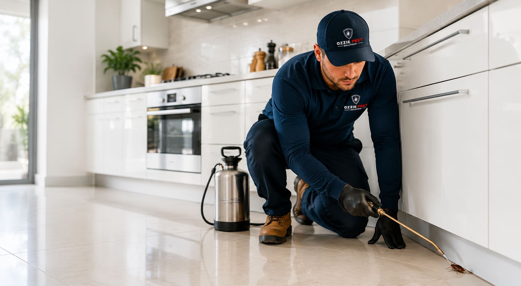 Professional cockroach control technician treating a modern Melbourne home with safe cockroach pest control by Ozzie Pest Solution