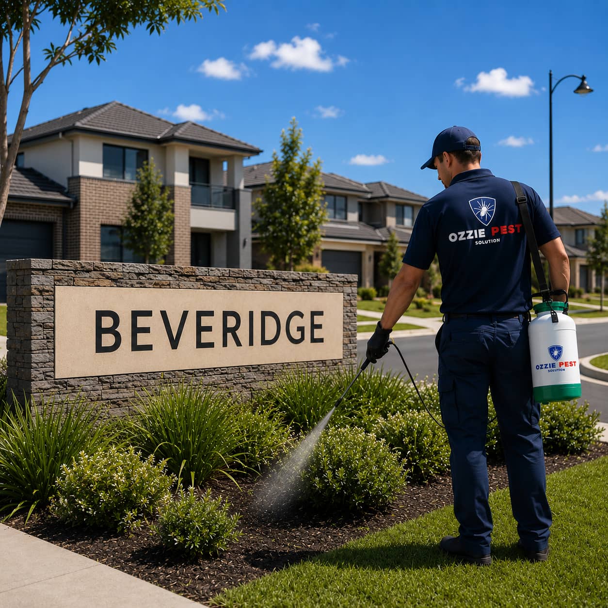 Licensed Ozzie Pest Solution technician providing professional pest control services at a residential home in Beveridge Melbourne
