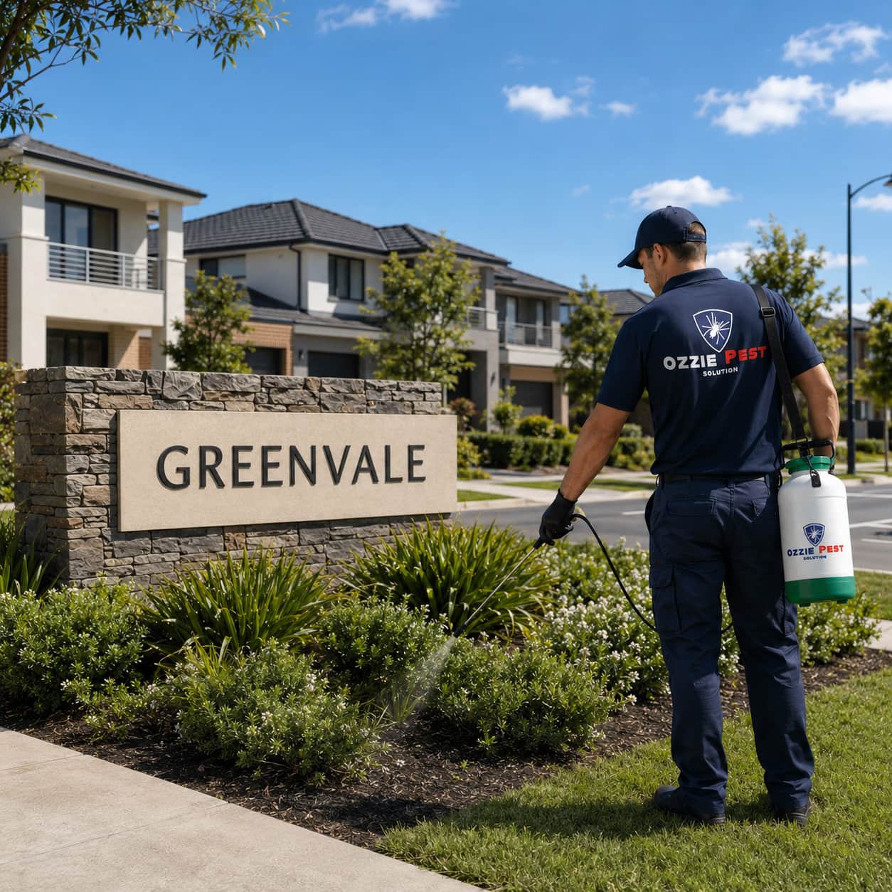 Licensed Ozzie Pest Solution technician providing professional pest control services at a residential home in Greenvale Melbourne