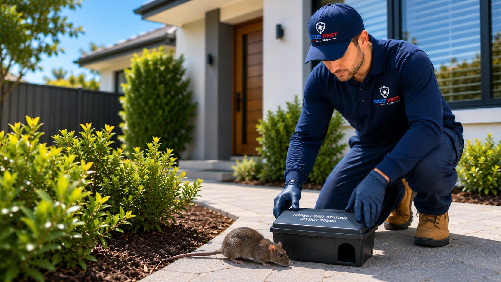 Professional rodent control technician inspecting a secure rodent bait station outside a Melbourne home