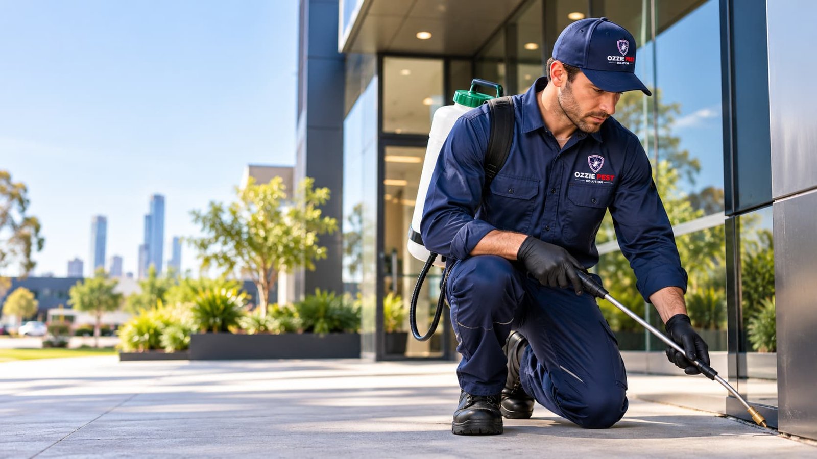 Commercial pest control Melbourne technician from Ozzie Pest Solution treating the exterior of a business building