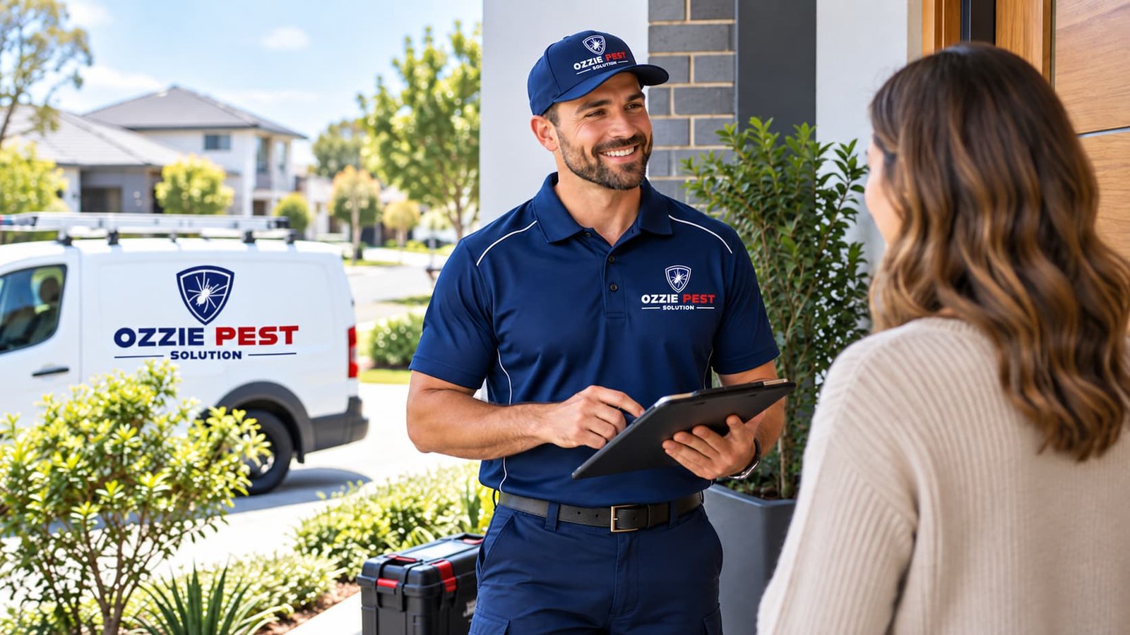Contact Ozzie Pest Solution technician helping a customer with pest control in Melbourne